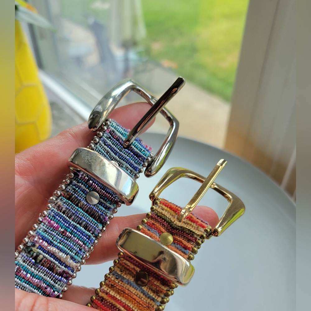Vintage 80s Belt Lot USA made Multicolor Woven Silver/Blue Gold/Red M L - Picture 2 of 7